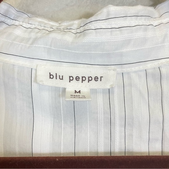 Blu Pepper Striped Smocked Cuffs Relaxed Fit Button Down Shirt White Size M - Picture 2 of 6